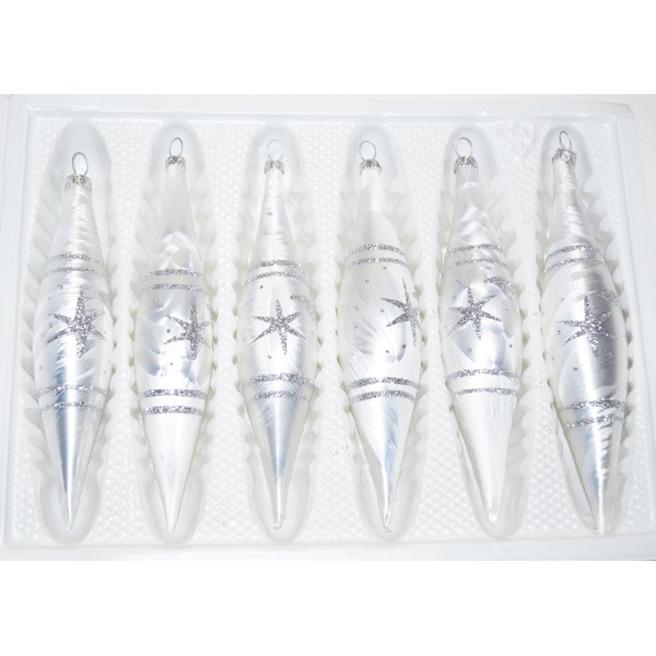 6 tlg. Glas-Zapfen Set in"Ice Weiss Silber" Komet - Christbaumkugeln