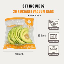 24PCS Sous Vide Bags Reusable, BPA Free Food Vacuum Sealer Bag, Vacuum Zipper Bag, 20pcs food storage bags & 4 Seal Clips (10x13 Inch) Portable Vacuum Sealer Set for Travel, Fresh&Save Meal Prep