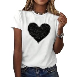 SweatyRocks Women's Heart Print Glitter Sequin T Shirts Casual Round Neck Short Sleeve Tee Tops White Medium