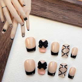 Duotaoii French Tip Press On Nails Short Fake Nails Handmade False Nails Black Bow Hand-Painted Nail Charms,Square Acrylic Nail Kit Gel Nails,Reusable Stick on Nails for Women 10pcs M