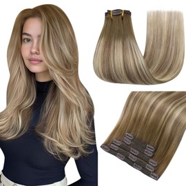 Easyouth Clip-In Real Hair Extensions, Balayage Blonde, Clip-In Hair Extensions, Dark Brown Mix Ash Brown and Medium Blonde, 45 cm, 70 g, 5 Pieces, 3/8/22