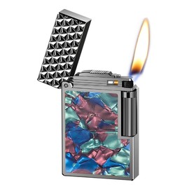 Lighters Soft Flame Lighter, Traditional Flame Cigar Lighter with Adjustable Flame Dial, Vertical Ignition Roller, Colorful Sea Shell Lighter (Black, Colorful Shells)