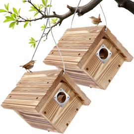 Dreyoo 2 Pack Wren House with Metal Guard, 1-1/8'' Entrance Hole Hanging Wren Bird Houses for Outside for Nesting with Air Vents, Pine Wood for Chickadees, Charcoal