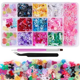 Kikonoke 3D Nail Charms Set 9 Colors Flower Butterfly Bow Rabbit Nail Gems Big Bear and Heart Nail Jewels Pearls for Nail Art, Craft and Decoration with Tweezer and Brush