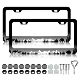Mountains Bear Moose License Plate Frames - 2 Pack Night Forest Trees Wild Animal Stainless Steel License Plate Holder,Rust-Proof Waterproof Car Decorative Tag Frame with Screws Fasteners Caps