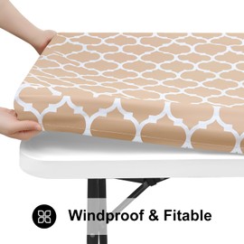 Smiry Rectangle Picnic Table Cover, Waterproof Elastic Fitted Table Covers for 8 Foot Tables, Wipeable Flannel Backed Vinyl Tablecloth Protector for Indoor, Outdoor (Khaki Morocco, 30x96 Inches)