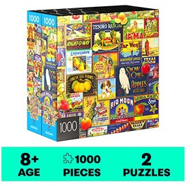 Spin Master Games, Rompecabezas de 1000 Piezas, Paquete de 2, Etiquetas Retro de cómics y Frutas, Rompecabezas para niños de 8 años en adelante