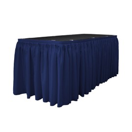 LA Linen Polyester Poplin Table Skirt for Rectangle Tables, Pleat Fabric for Wedding Banquet Trade Show, 30-Foot by 29-Inch Long with 15 L-Clips, Navy