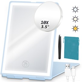 Travel Lighted Makeup Mirror with 10X Magnifying Mirror and Tweezer, Rechargeable Portable Folding Compact Mirror with 72 LED Lights 3 Color Light Modes, LED Makeup Dimmable Touch Screen Mirrors