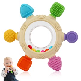 VTECHOLOGY Baby Teething Rings Toys for 0-6 6-12 Months Baby Rattle Teether Sensory Toys for Babies 0-24Months Silicone Teether Relief Chew Soothing Sore Gums for Newborn Infant Essentials BPA Free