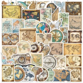50PCS Vintage Old World Map Stickers for Water Bottles Laptop Journal Scrapbook, Old Paper Style Retro Nautical Travel Decals for Kids Teens Adults, Glueewee Vinyl Waterproof Stickers