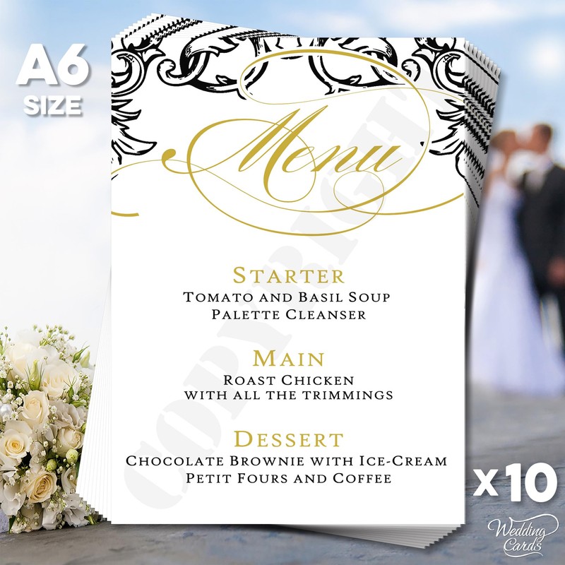 10 x Wedding Menu Party Menu Table Cards A6