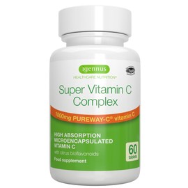 Igennus Healthcare Nutrition Super Vitamin C Complex 1000mg, High Absorption 24-Hour Action Pureway-C, Clean Ingredients, Non-Acidic & Gentle, Vegan, 60 One-A-Day Tablets, by Igennus