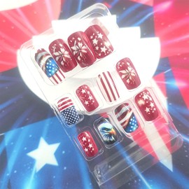 Medium Square Press on Nails 4th of July False Nails Independence Nails Press ons National Flag Stars Design Red White Lines Flower Glue on Nails Blue July 4th Fake Nails for Girls 24Pcs