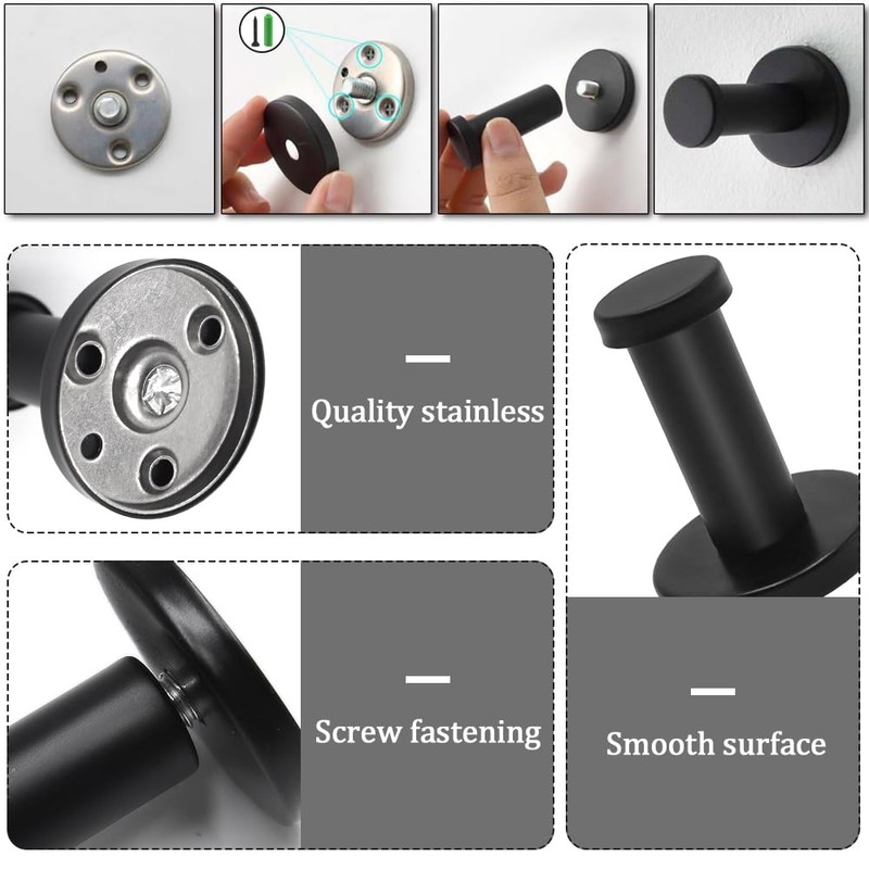 lyualma Pack of 6 Rustproof Matte Black Towel Hooks, Round