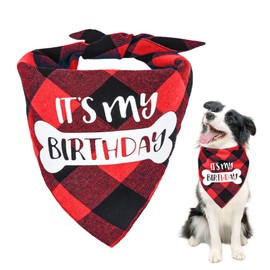 Dog Birthday Bandana, VIPITH Double Sided Cotton Triangle Dog Bandanas Dog Birthday Party Supplies Dog Bandanas Boy Girl Dog Birthday Gift Plaid Bibs Scarf for Small to Large Dogs Cats Pets (Red)