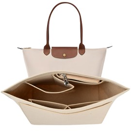 Shengxi Felt Purse Organizer for Longchamp Folding Tote Bag Organizer Insert Multi-Pocket Felt Handbag Organizer with Zipper (Beige, L)