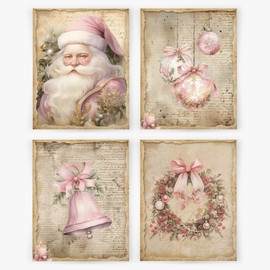 YQDEJ Vintage Christmas Santa Bow Bell Wreath Wall Art Prints Set of 4, Pink Christmas Wall Decor for Living Room, 8x10 Inches Unframed