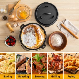 Velaze Velaze 10QT Camping Dutch Oven, Pre-Seasoned Cast Iron Camp Dutch Oven Pot with Lid, for Use in the Oven, on the Stove, Grill, or over the Campfire - Metal Handle, Lid Lifter, and Tripod