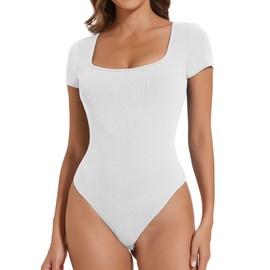 Joyshaper Women Bodysuits Short Sleeve Ladies Tops Square Neck Body Suits Casual T-shirts Ribbed Solid Leotard White,M