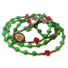 Our Lady of Guadalupe Emerald Green Jade Stone and Red Rose Rosary