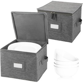 popoly China Storage Container for Bowls or Dessert Plates, 8.5" W x 6" H Plate Storage Case with 24 Felt Dividers, Hard Shell and Stackable (2 Pack Grey)