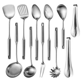 304 Stainlss Steel Kitchen Utensils Set, 11 Pcs Long Metal Cooking Utensil Gadgets Tools Set with Spatula, Ladle, Spoon, Ladle, Skimmer, Tunner, Pasta Server, Tongs(Silver, Dishwasher Safe)