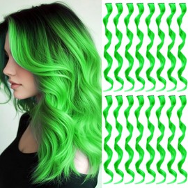 TOFAFA 16 Pcs Colored Hair Extensions Curly Wavy Clip in Synthetic Hair Extensions,Colorful Party Highlights Hairpiece Streak for Girls Women Kids(Neon Green)