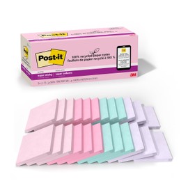 Post-it 100% Recycled Paper Super Sticky Notes, 3 in. x 3 in., 24 Pads, 70 Sheets per Pad, Wanderlust Pastels, New Year Organization or Second Semester School Supplies