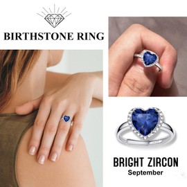 Bestyle Adorable September Sapphire Birthstone Rings 925 Sterling Silver CZ Heart Gemstone Rings Great Birthday Gift for Daughter/Wife/Mom/Grandma