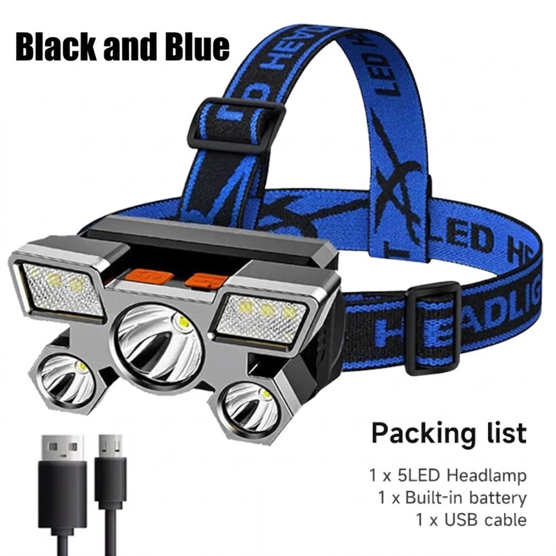 5 LED Rechargeable Headlamp, USB Charging Head Light with Adjustable