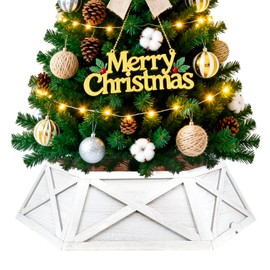 28in Extra Large Wood Christmas Tree Collar,White Wooden Hexagon Tree Base Cover for Artificial Tree,Vintage Rustic Farmhouse Tree Skirt Box for 4-7.5ft Tree,Fit 27'' Tree Stand