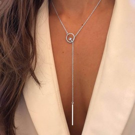 Aneneiceera Boho Circle Y Necklace Chain Silver Lariat Bar Pendant Necklace Rhinestone CZ Karma Cross Necklace Chain Long Pull Through Necklace Jewellery for Women and Girls, Metal Material,