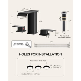 AVSIILE Matte Black Waterfall Bathroom Faucet 3 Hole, 8 Inch Widespread Modern 3 Piece Bathroom Sink Faucet, Touch On Lavatory Faucet for Vanity RV Restroom, Straight Spout