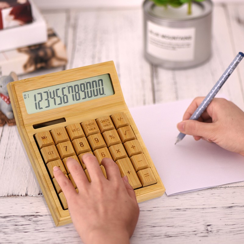Multifunctional Bamboo Electronic Calculator Counter 12 Digits Solar & Battery