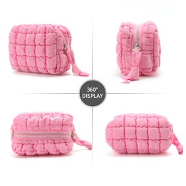 FDINF Puffy Quilted Makeup Bag Small Puffer Bag Cosmetic Bags Travel Toiletry Purse for Women, Cute Organizer Pouch, Pink