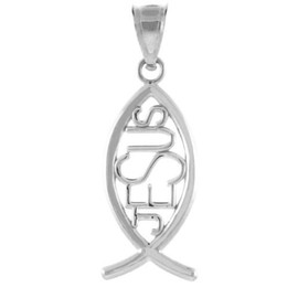925 Sterling Silver Vertical Jesus Ichthus Charm Christian Fish Pendant
