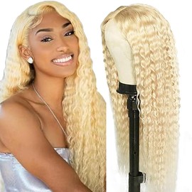 Tuheerst Blonde Human Hair Wig, Deep Wave Real Hair Wig, Women's 4x4#613 Swiss Lace Brazilian Real Hair, Remy Hair, Pre-Plucked, Natural Hairline with Baby Hair, 26 Inches / 66 cm