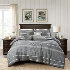 Chezmoi Collection Porter 7-Piece Jacquard Comforter Queen Size - Yarn-Dyed Gray White Trendy Striped Lightweight Comfy Bedding for All Season