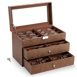 MoKo Sunglasses Organizer with 18 Slots, 3-layer Leather Sunglass Display Collection Holder Case with Drawer Clear Glass Lid, Lockable Eyeglass Glass Jewelry Watch Storage Box for Women Men, Brown