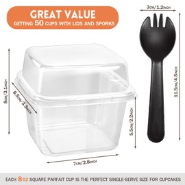 Neworkg 50 Pack Dessert Cups with Lids and Sporks, 8 Oz Plastic Square Parfait Cups, Disposable Containers for Cupcake, Yogurt, Fruits and More