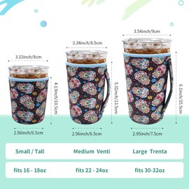 AJLTPA Iced Coffee Sleeve Insulator Sleeves for Cold Drinks Beverages, 3 Pack Reusable Neoprene Cup Sleeve with Handle for 16-32oz Coffee cups(Sugar Skull)