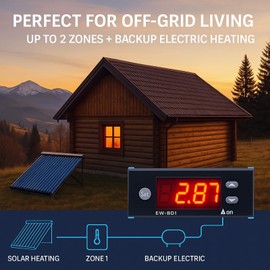 Solar Water Temperature Controller, AC 5A Digital Temperature Controller Thermostat with Sensor Probes & 76mm Digital Display for Electric Heating Backup