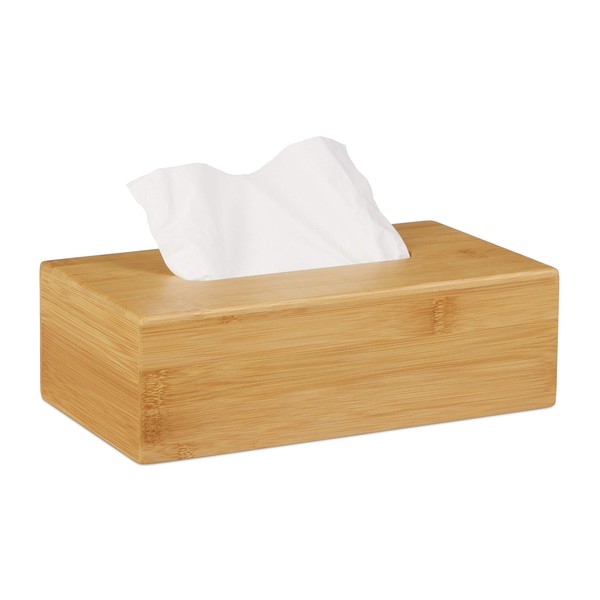 Relaxdays Bamboo Tissue Box Cover, HWD: 8.5 x 27.5 x 15.5 cm, Dispenser for Regular and Facial Tissues, Natural