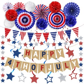 Panelee 4th of July Patriotic Decorations Set Red White Blue Fans Pom Pom Paper Flowers USA Pennant Flag Banner Fourth of July Star Streamer Hanging Swirls for Patriotic Outdoor Indoor Decor (4 July)