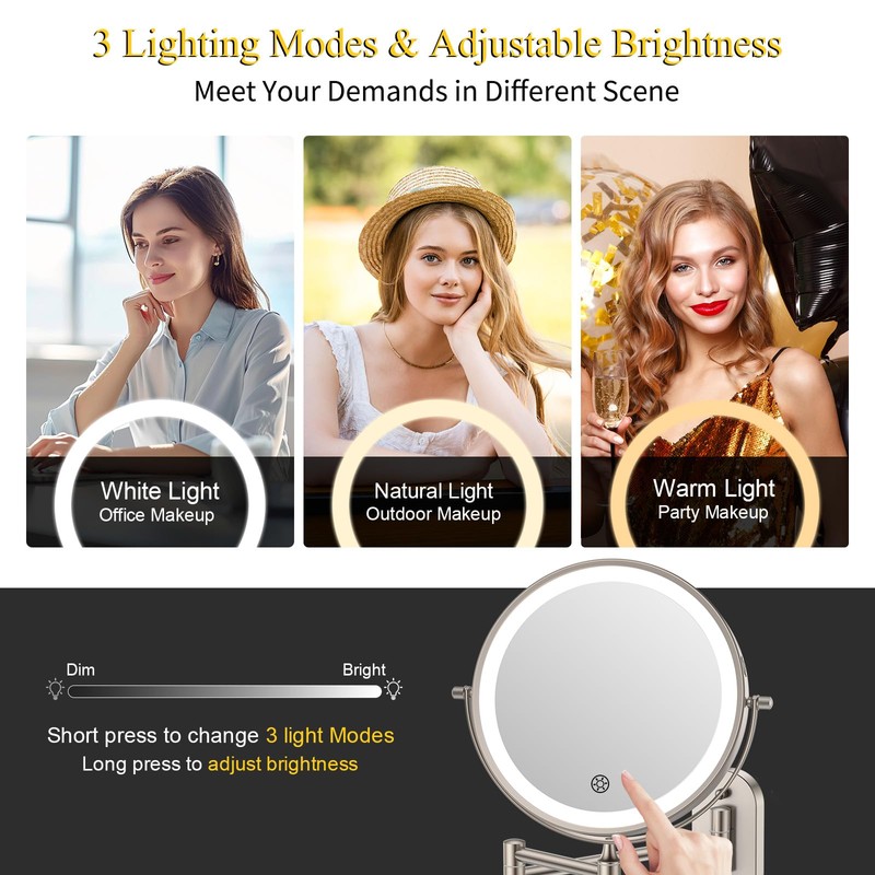 FUNTOUCH 3X/20X Wall Mounted Lighted Makeup Mirror,5000mAh Rechargeable Double Sided