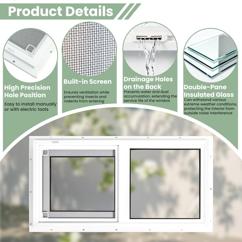 NOTASA Vinyl Basement Window, Bathroom Sliding Window 24" x 16"