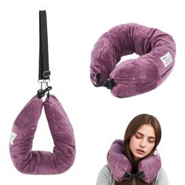 UGKZ 2-in-1 Self-Filling Travel Neck Pillow with Adjustable Strap, Convertible Clothes Storage Bag(Soft Dusty Purple)