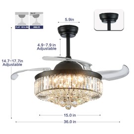 DuMaiWay 42" Dimmable Fandelier Crystal Ceiling Fans with Lights and Remote, Retractable Blades Chandelier Ceiling Fan for Living Room, Bedroom, Dining Room-Black