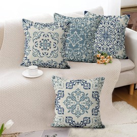 Hnmdmyi Boho Cushion Covers 45 x 45 cm Set of 4, Blue Vintage Geometric Mandala Floral Decorative Throw Pillow Covers Linen Square Pillowcases for Sofa Couch Bed Garden Outdoor Home Decor